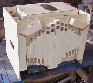 Figure 3 — The melody pipes mounted on a John Smith pipe board with removable screw fixings, standing over the pressure box.